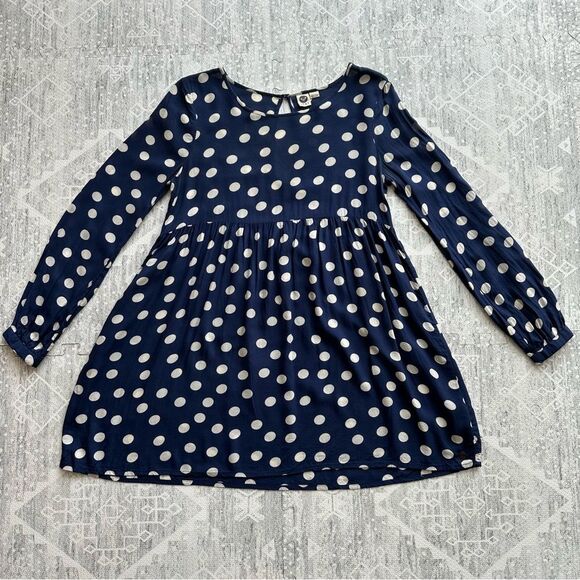 Roxy Sun Empire Navy Classic Polka Dot Babydoll Mini Dress Size S Balloon Sleeve - Picture 1 of 16